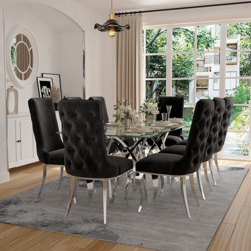Heavy Duty Dining Chairs with Button Tufted Backrest and Polished Stainless Steel Metal Legs