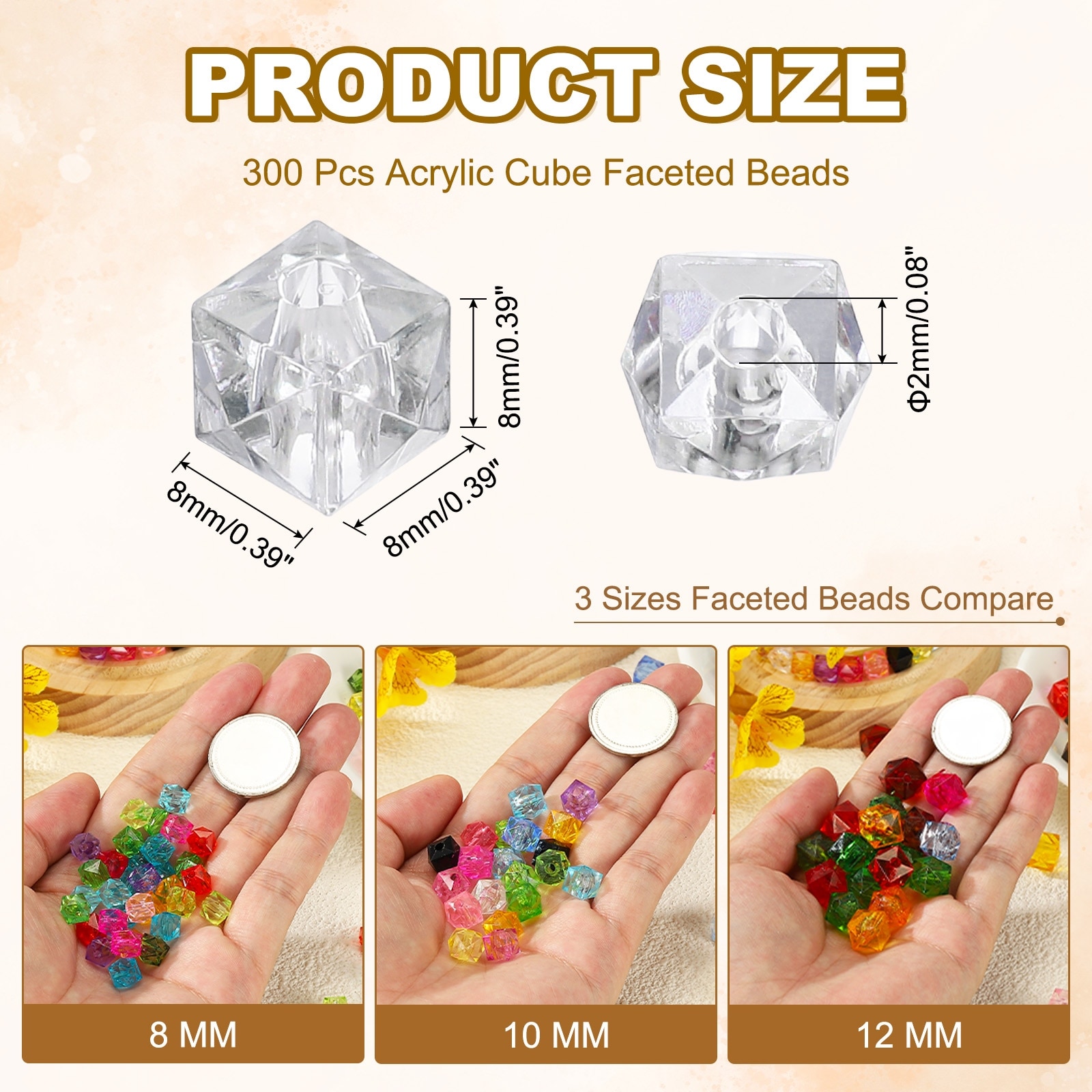 8mm Acrylic Cube Faceted Beads, 300 Pcs Diamond Spacer Beads, Black