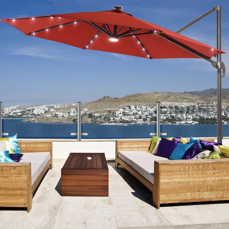 10 Ft LED Offset Cantilever Hanging Patio Umbrella by LIVOOSUN - Red