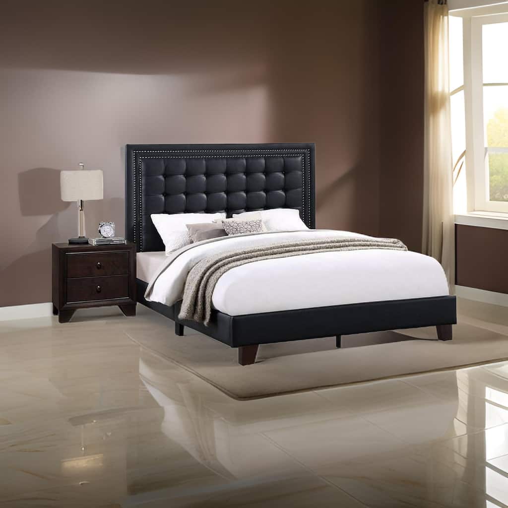 Vea Modern Platform Queen Bed, Deep Tufted Upholstery, Black Faux Leather
