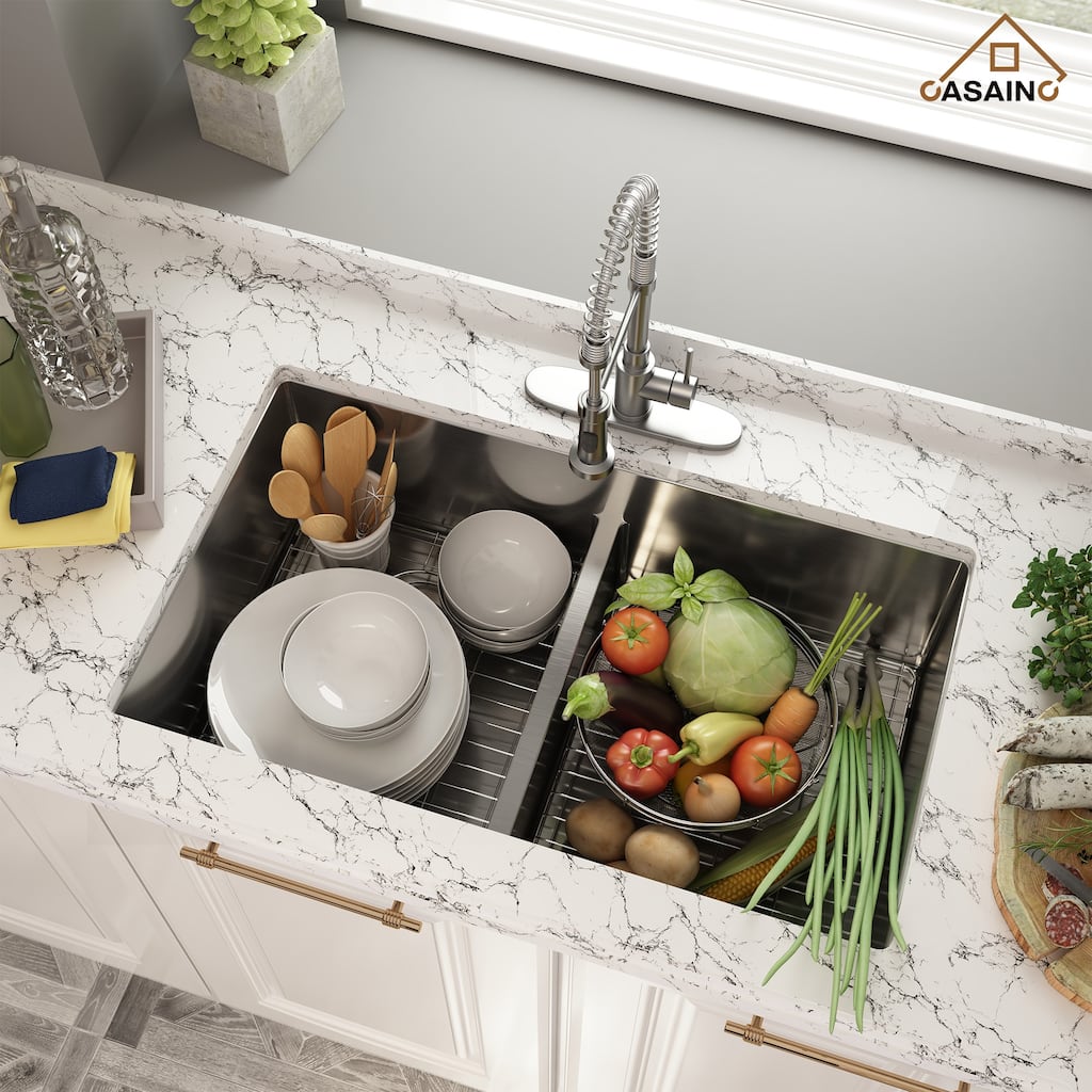32 in. Undermount Double Bowl 18 Gauge Brushed Stainless Steel Kitchen Sink with Bottom Grid and Basket Strainer