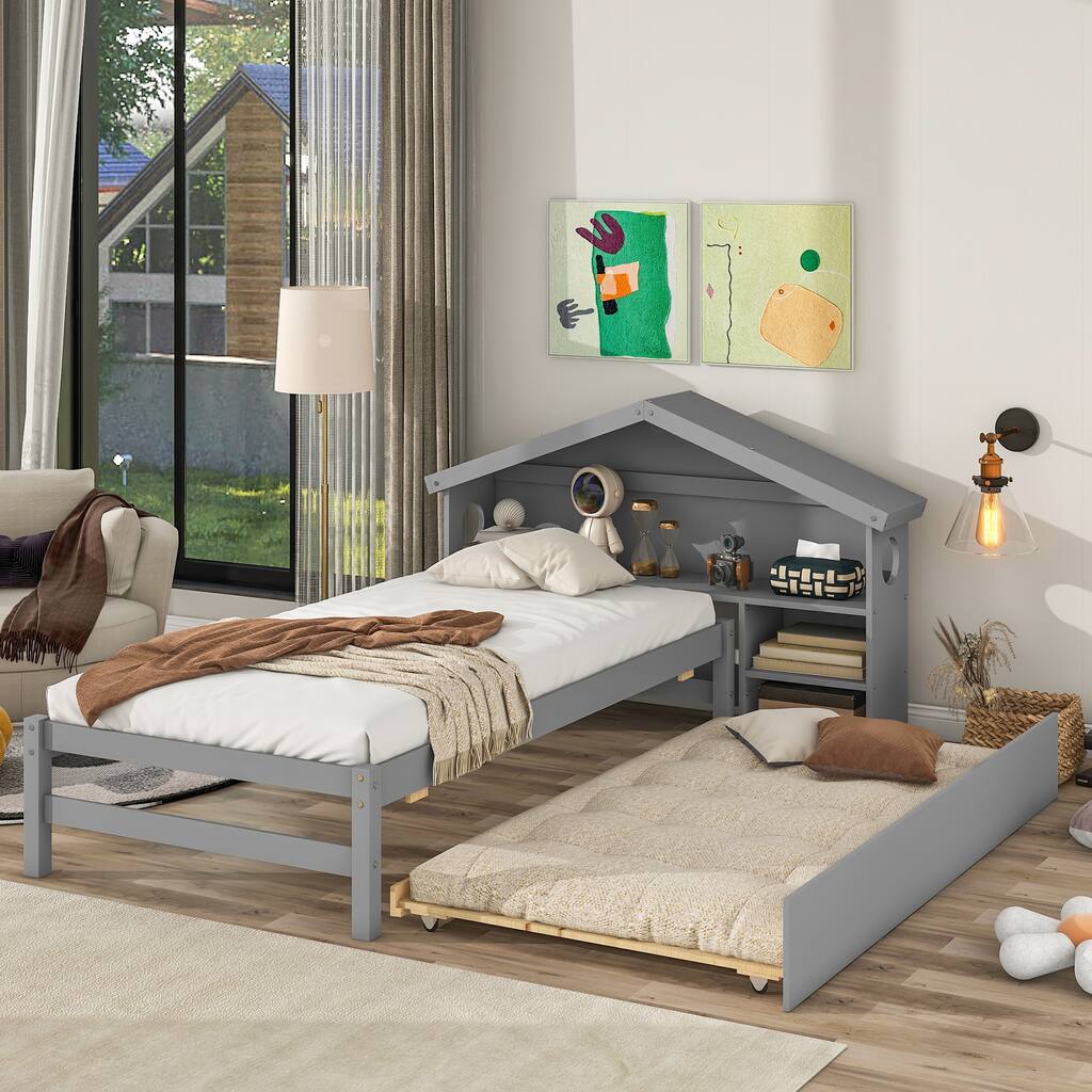 Twin Bed with Roofed Bookcase Headboard, Pull-Out Trundle