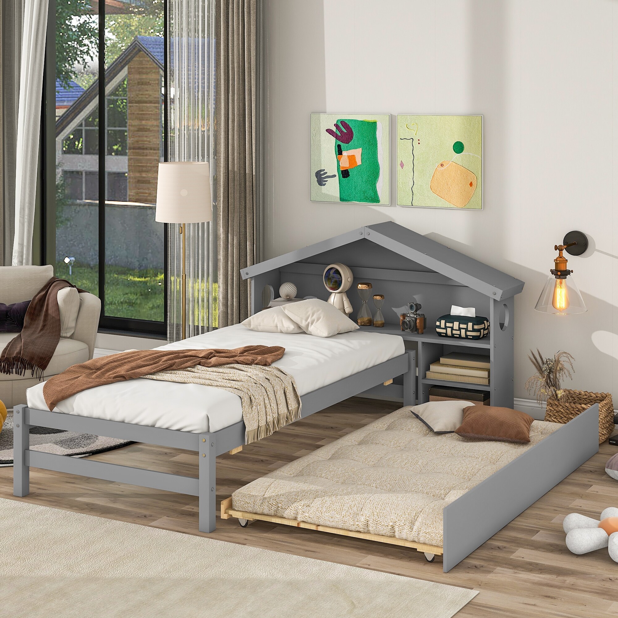 Twin size bed outlet with bookcase headboard