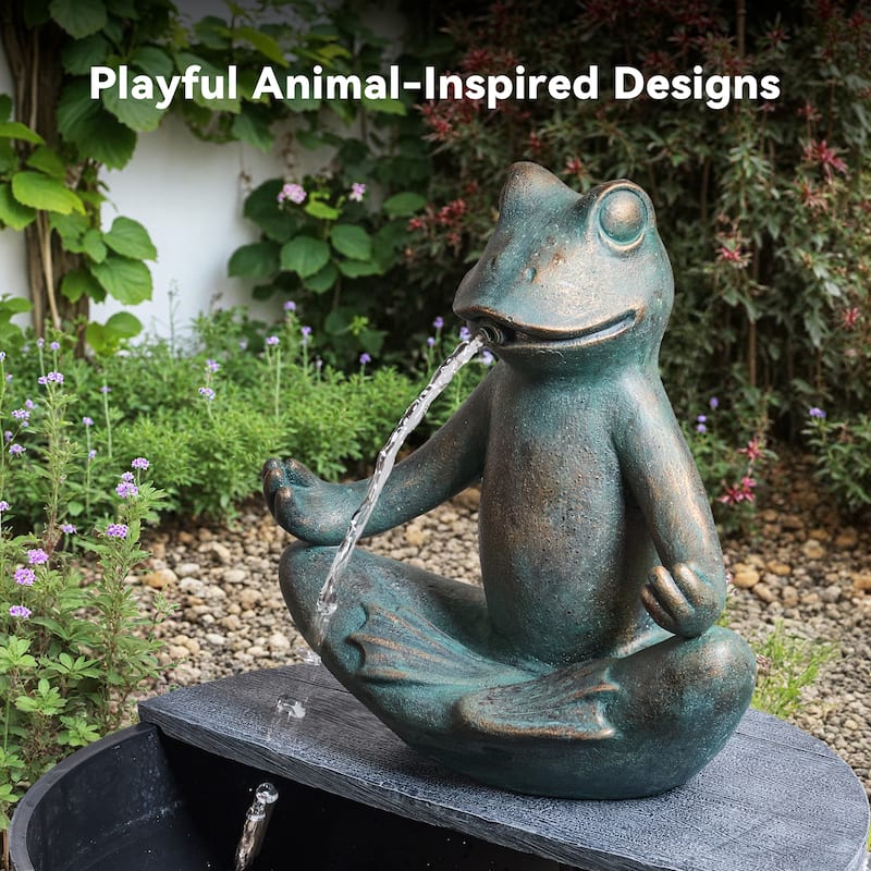 Rustic Polyresin Outdoor Fountain – Handcrafted Gray Frog and Barrel Design with Pumped Waterfall