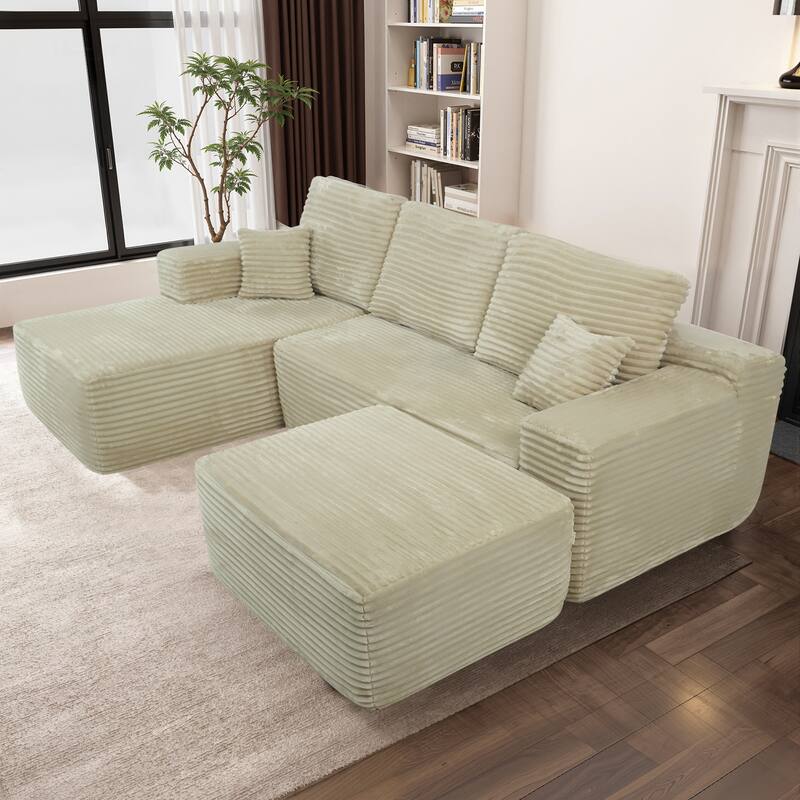 U-Shaped Sectional Couch Boneless Corduroy Couch with Chaise ‌and Ottoman‌, Upholstered Modular Lounger Sofa