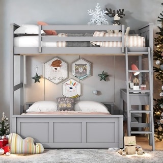 Functional Full Over Full Bunk Bed with Desk and Guardrails for Kids, Adults