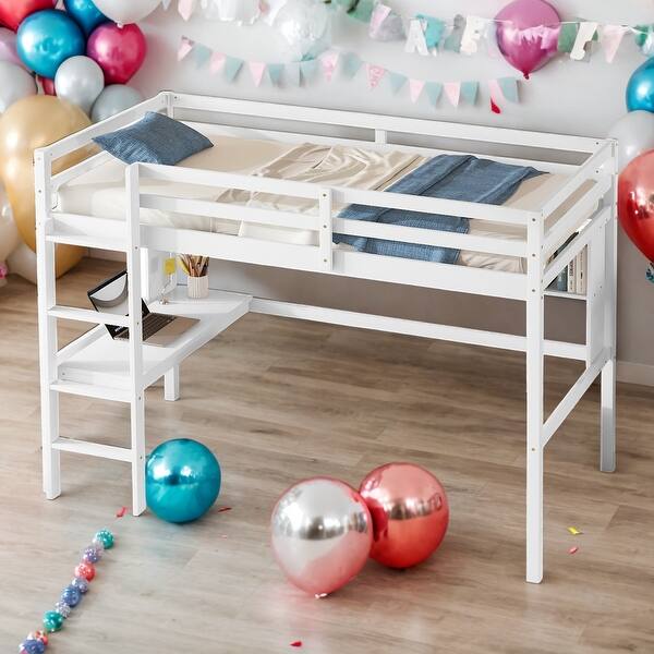slide 2 of 13, Twin Loft Bed with Built-in Desk and Bookcase White