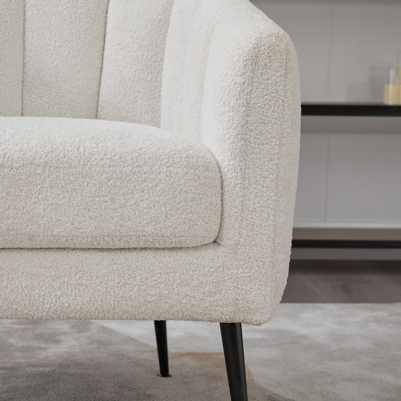 Chenille Upholstered Barrel Accent Chair, Channel Tufted Lounge Armchair, Round Reading Chair with Curved Backrest & Metal Legs