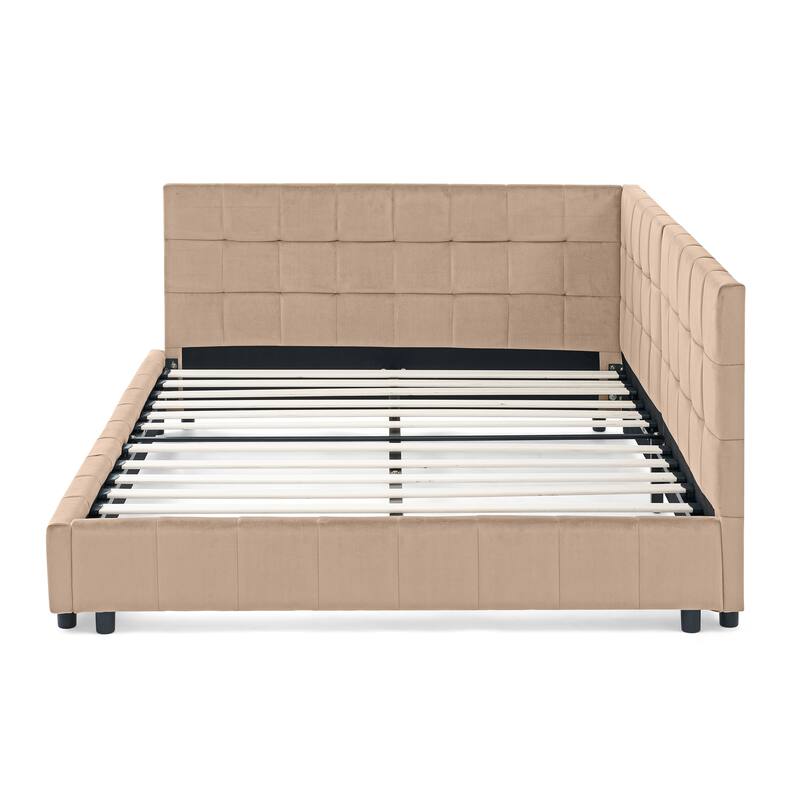 Upholstered Tufted Sofa Bed Frame, Full Size Velvet Fabric Daybed with Comfortable Backrest and Armrests, Wood Slats Support
