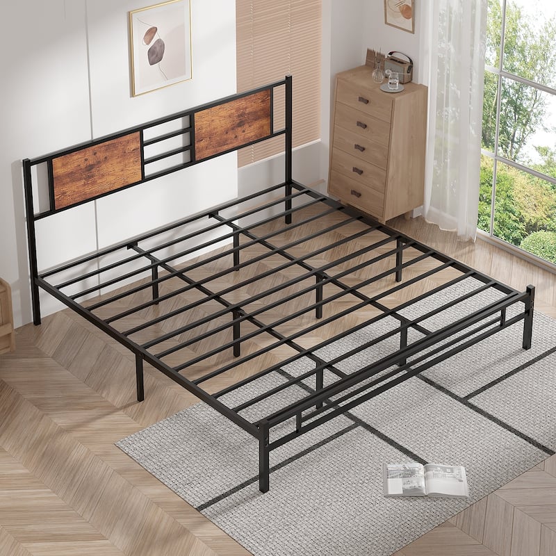 VECELO Platform Bed Frame with Wooden and Metal Headboard and Footboard, Heavy Duty 13 Metal Slats Support