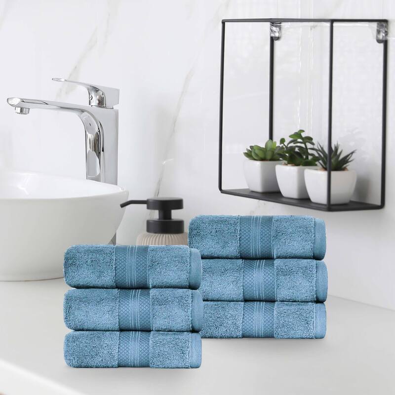 Superior Turkish Cotton Solid Heavyweight Hand Towel Set of 6 - Denim Blue
