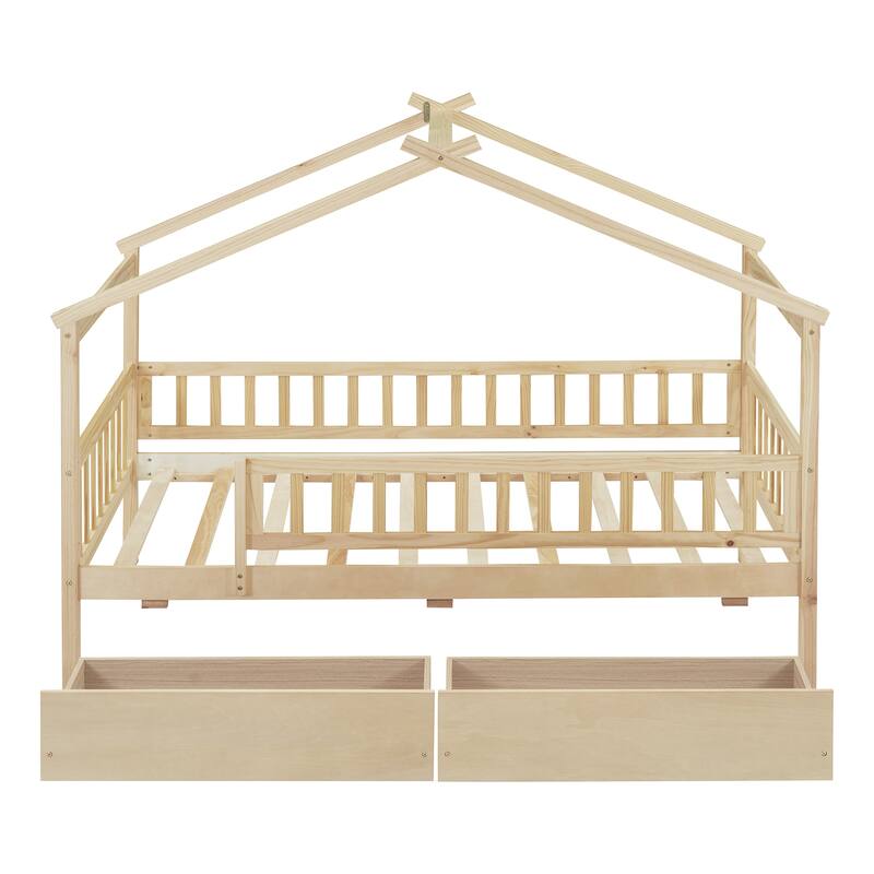 Natural Twin Solid Pine House Bed with Storage Drawers