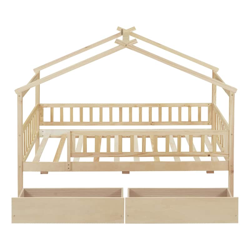 Wooden House Bed for Kids with Two Storage Drawers, Sturdy Twin Size Design