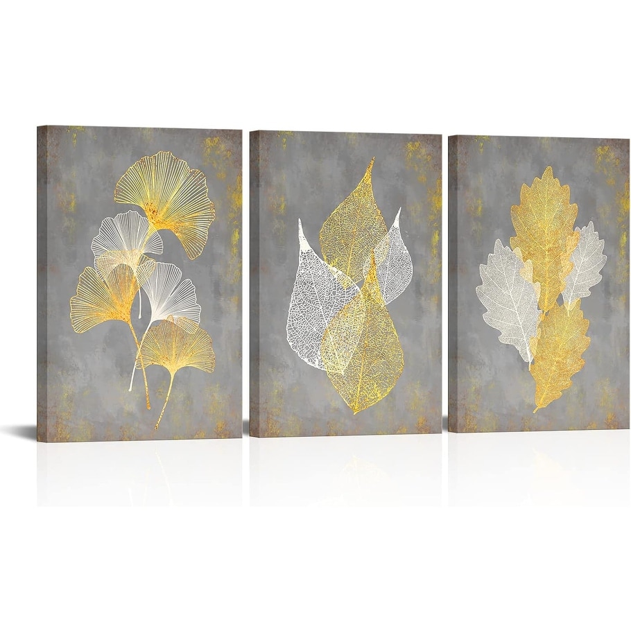 Grey and Yellow Canvas Wall Art Abstract Leaf Painting