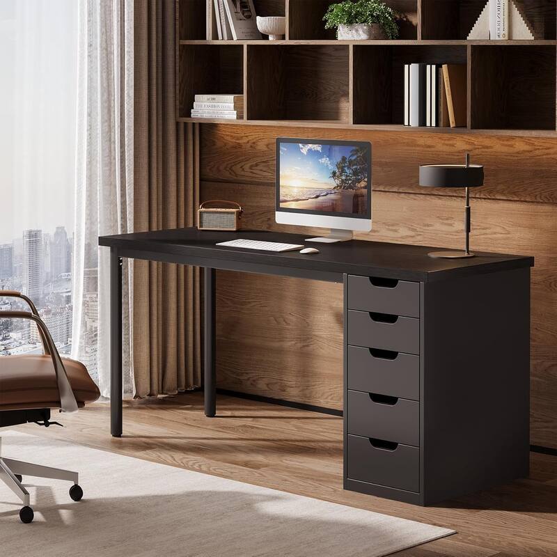 PC/Computer Desk with 5 Reversible Drawers, Home Office Desk with Storage, Laptop Desk Study Writing Table Workstation