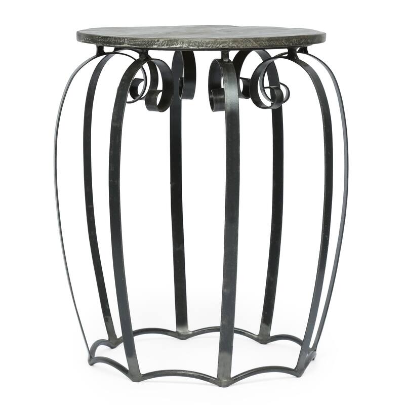 21.25" Modern Round End Table with Curved Metal Frame and Rich Mango Wood Top