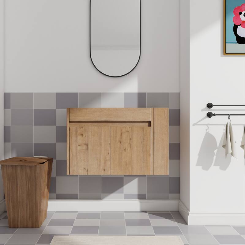 Compact Wall-Mounted Bathroom Vanity with Adjustable Open Shelf, 45° Inclined Handle Design - 29.13in L Plywood