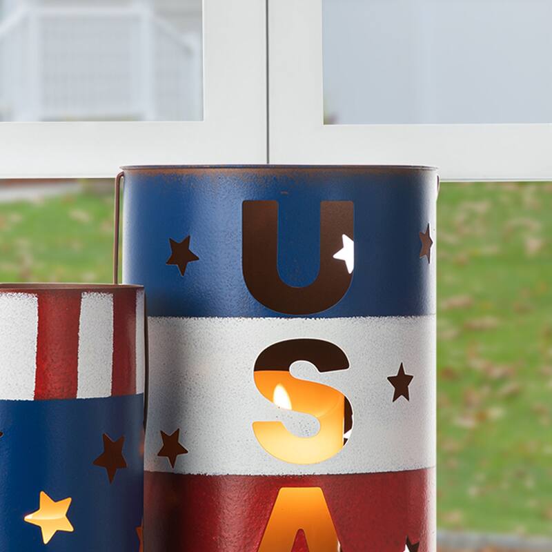 Glitzhome Set of 2 USA Metal Patriotic Lanterns
