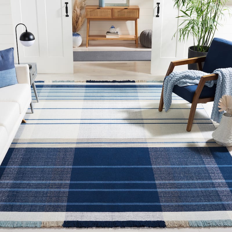 SAFAVIEH Striped Kilim Sharareh Wool Fringe Rug - 9' x 12' - Blue/Beige