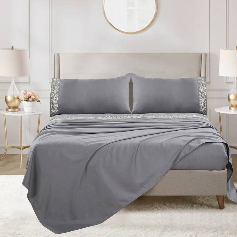 Serenta 4-piece Luxury Embroidered Bed Sheet Set - Queen - Silver Grey