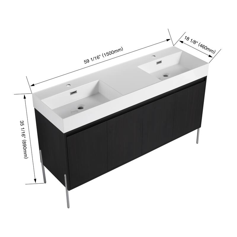 GDFStudio - Sydney Modern Freestanding Bathroom Vanity Cabinet with Double Resin Sink & 4-Soft Closing Doors - 60"