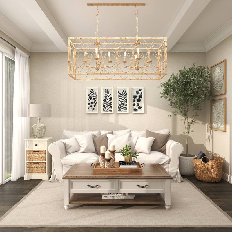 Metal Distressed Caged 8 Light Chandelier with Link Style Chain - Gold - Roche River Decor