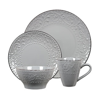 Lorren Home Trends 16 Piece Stoneware Scroll Dinnerware Set-Gray