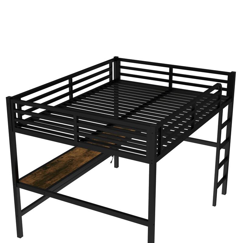 Queen Size Metal Loft Bed with Desk, USB Charging & LED Lights, Space-Saving Design, Black