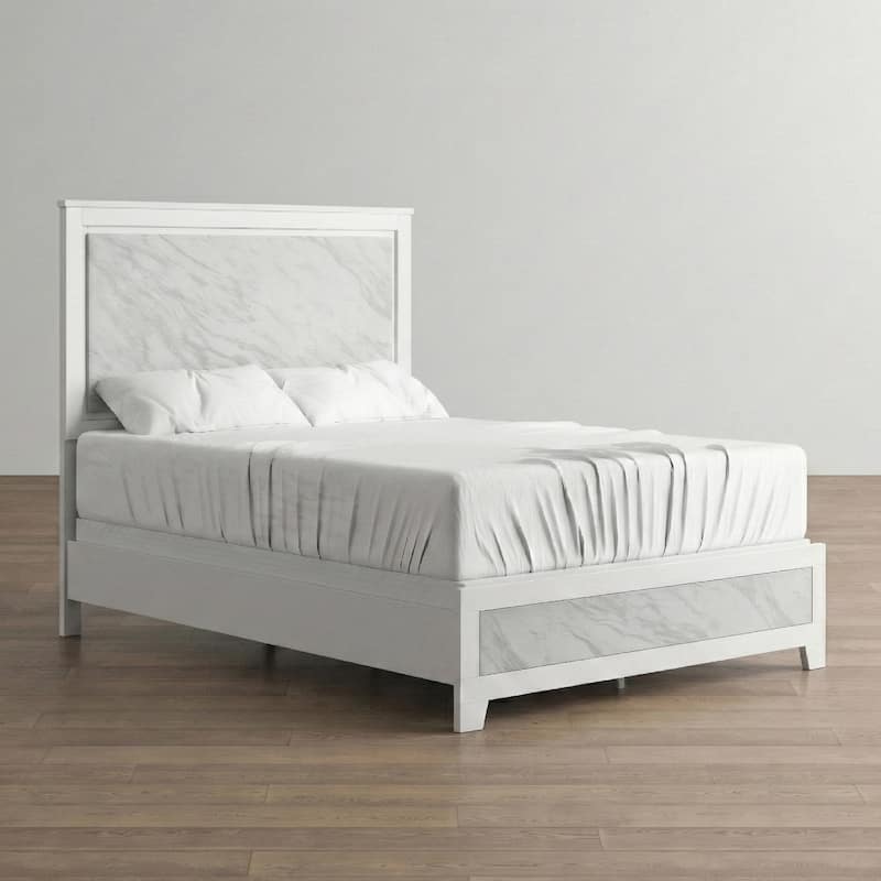 Furniture of America Loris Modern White Kids Panel Bed with Faux Marble Headboard - Full