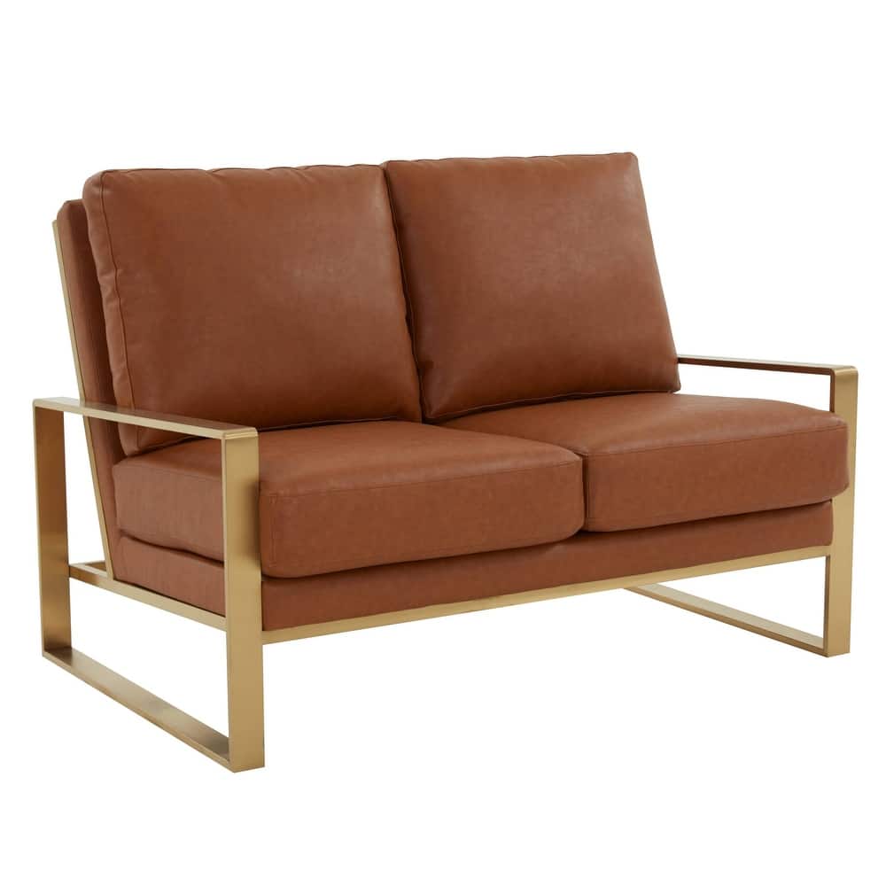 Jefferson Modern Leather Loveseat Sofa with Gold Metal Base, Cushion Seating, Pocket Springs, Protective Floor Pads Accent Chair