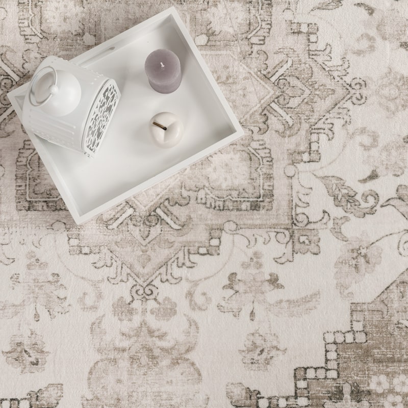 Vintage Designer Rug Bordered with Faded Oriental Look