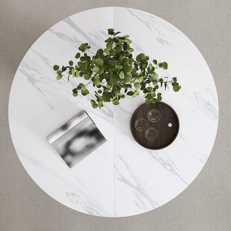 47 inch Round MDF Dining Table for 4, Modern Farmhouse Kitchen Table with Wood Strip Base, Circle Dinner Table