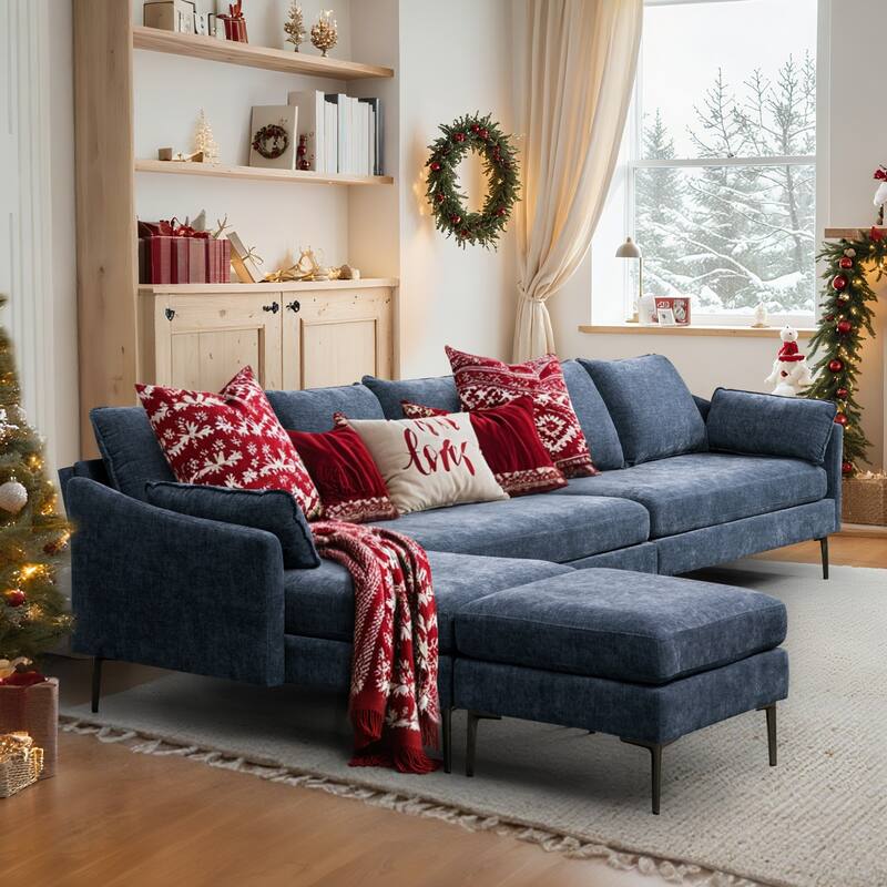 Modern Chenille Sectional Sofa with Reversible Chaise and Ottoman, Perfect for Living Rooms with Sleeper Function