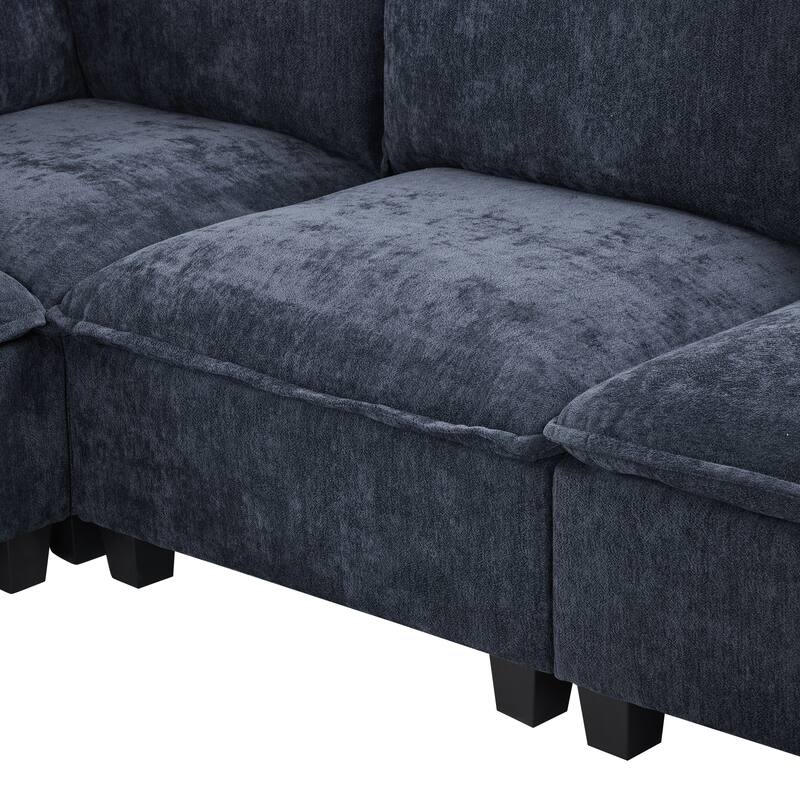 90" Chenille U-Shaped Sectional Sofa with Movable Ottoman, Coffee Table with Hidden Charging Devices, and Free Configurations