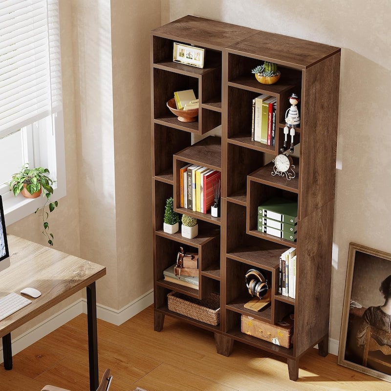 71" Tall Narrow Bookshelf, 8-Tier Staggered Skinny Bookcase