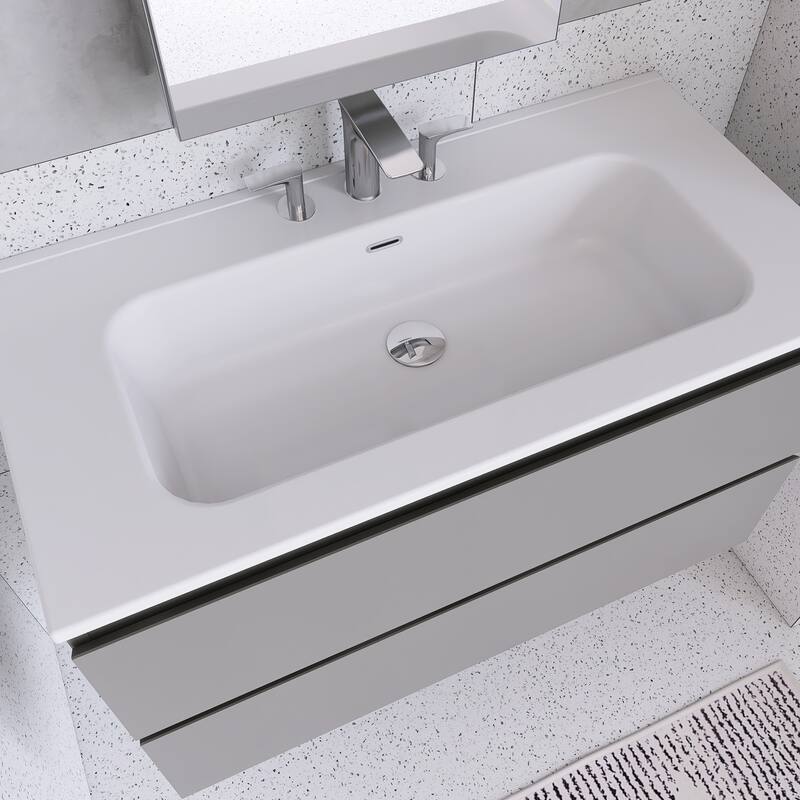 Floating Integrated Bathroom Vanity with Ceramic Sink, Three Faucet Holes
