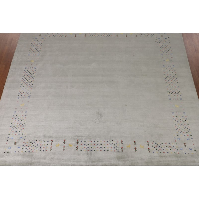 Green Gabbeh Oriental Square Area Square Rug Hand-Knotted Wool Carpet - 9'4" x 10'0"