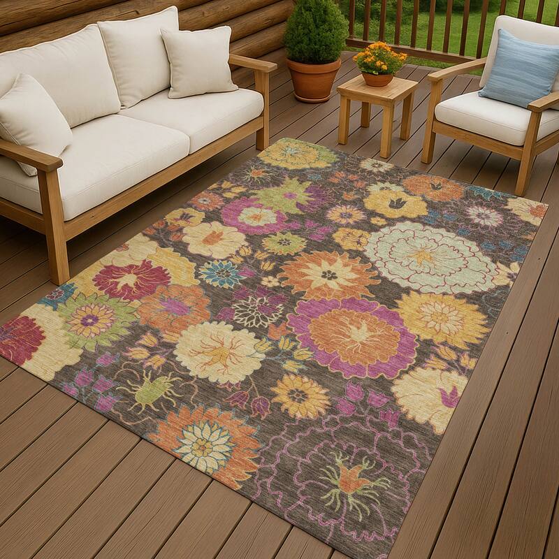 Machine Washable Indoor/ Outdoor Modern Floral Chantille Rug