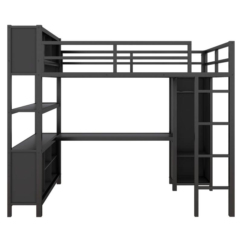 Black Full Size Metal Loft Bed with Wardrobe And L-shaped Desk, Storage Cubes and Shelves for Kids, Teens, Adults