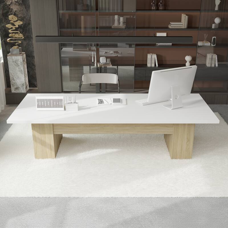 118.1" Large Conference Table, Modern Executive Office Desk with Heavy Duty Wood Base, Seats 8–10 Dining Table - White