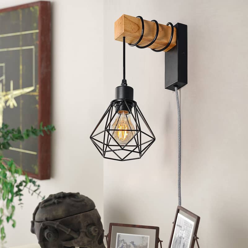 Modern Plug in Wire Wood Cage Black Wall Lamp- Industrial Rustic Retro Pendant Lamp With Adjustable Hanging Wall Lights Fixture