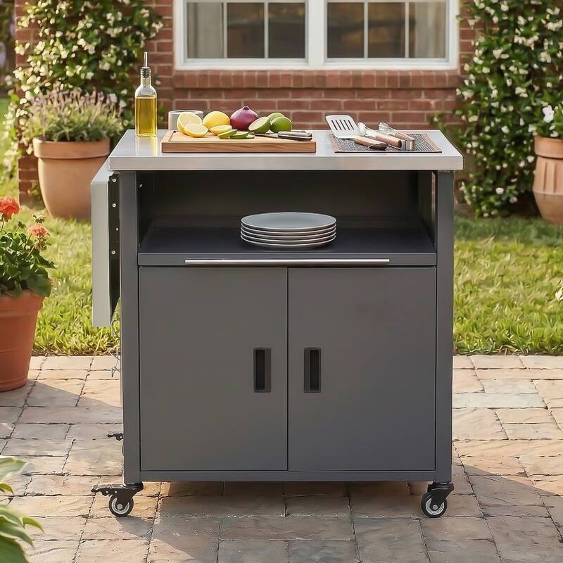 Foldable Outdoor Prep Station BBQ Cart with Trash Rack, Portable Kitchen Island Grill Cart with Foldable Top