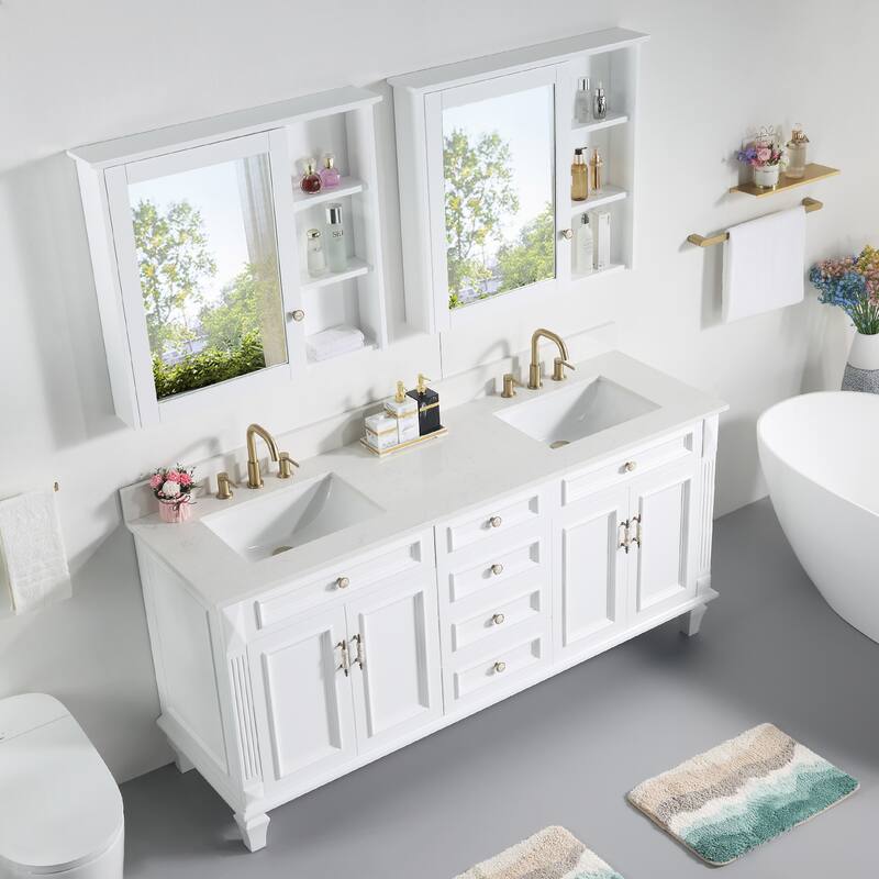 35'' H Solid Wood Bath Vanity with Stain-resistant Carrera White Quartz Top and Double Sink