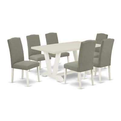 Modern 7-Piece Dining Set - Rectangular Table & 6 Dining Chairs - Linen White & Dark Wood Finish - 60