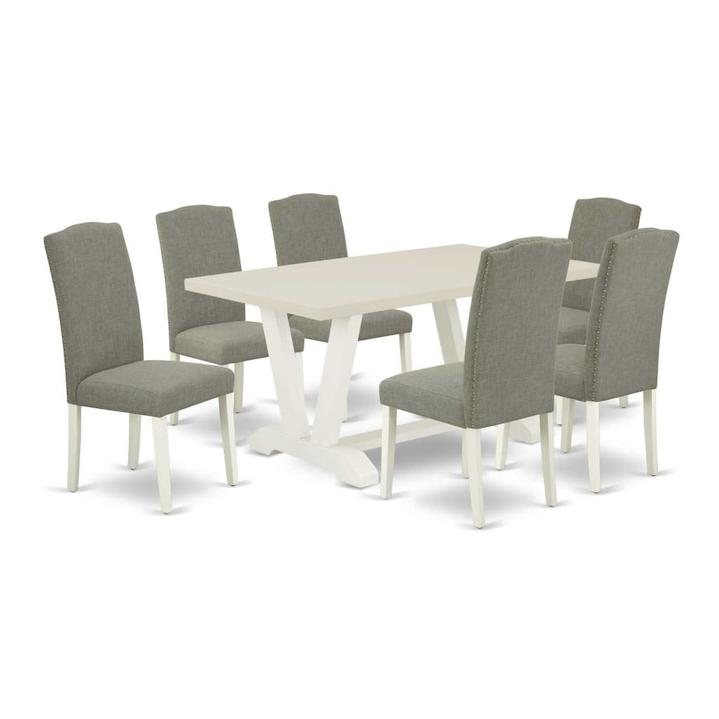 Modern 7-Piece Dining Set - Rectangular Table & 6 Dining Chairs - Linen White & Dark Wood Finish - 60