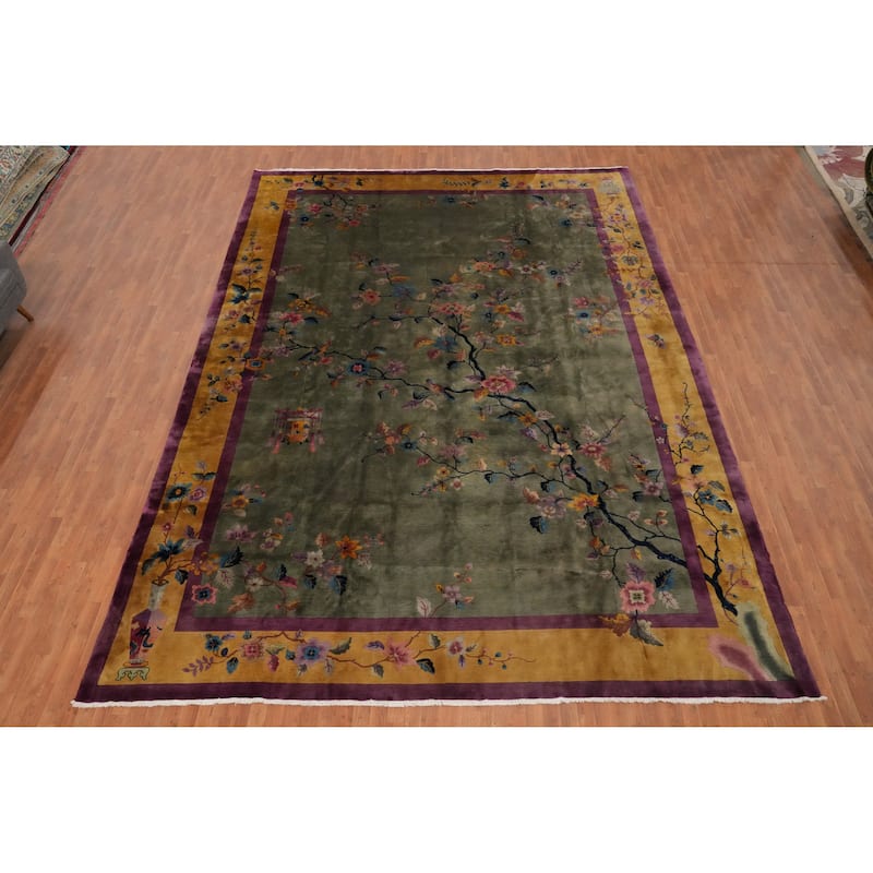 Hand Knotted Oriental 100% Wool Carpet Traditional Floral Green Art Deco Area Rug - 17' 0'' X 11' 11''