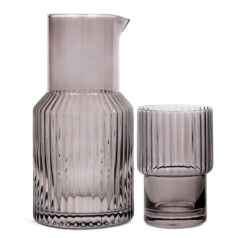 Elle Decor Carafe Set Night Water Ribbed Pitcher and Cup - 33 Oz - Grey - 2 Piece