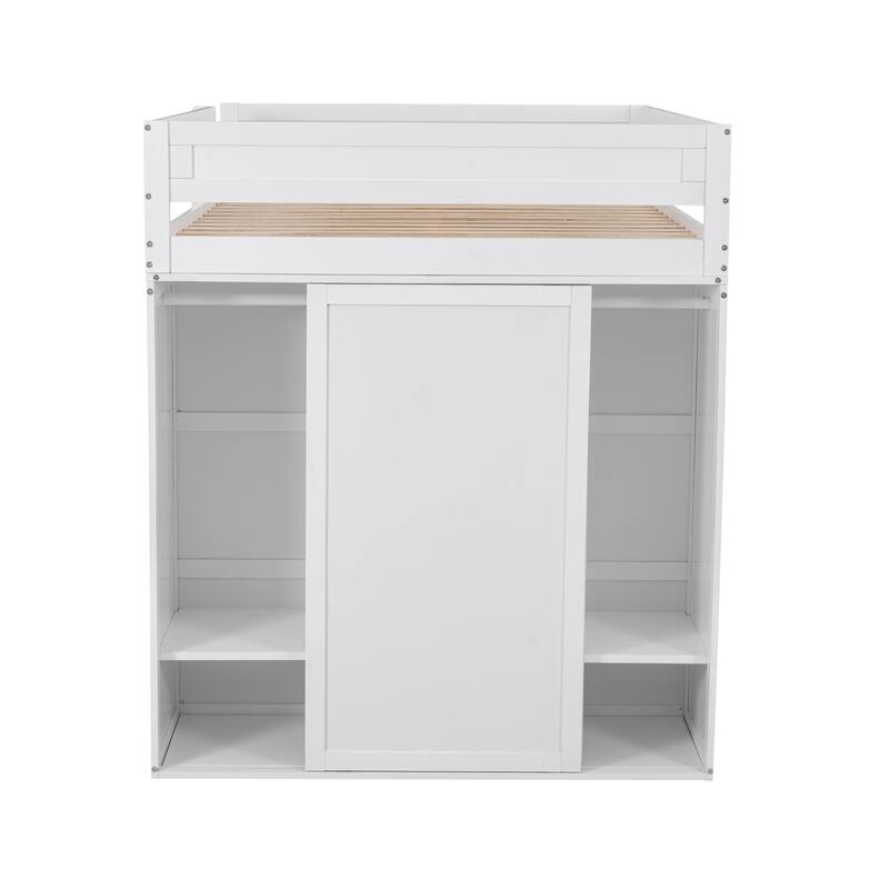 Full Size Loft Bed with Wardrobe, Desk, and Storage Drawers, Space-Saving Design