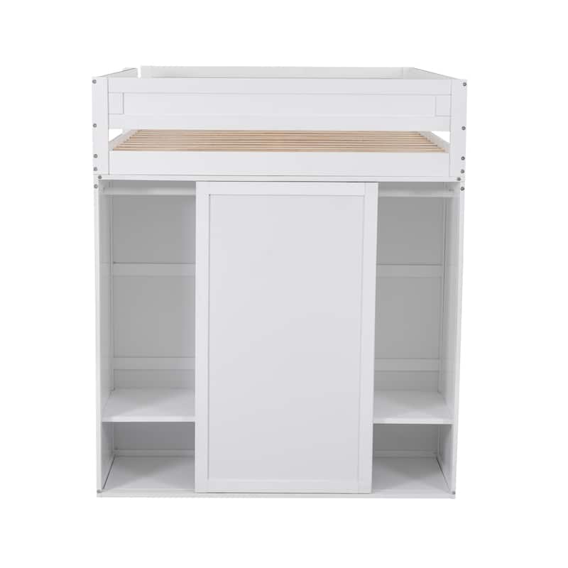 Wood Full Size Loft Bed with Wardrobes and 2-Drawer Desk w/Cabinet