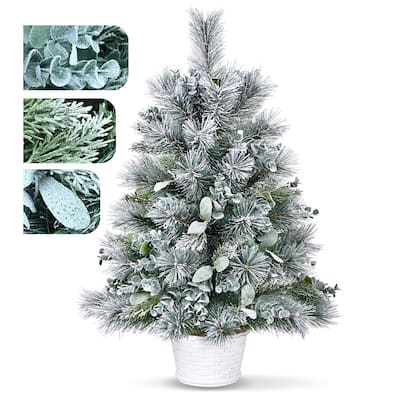 2ft Tabletop Christmas Tree with Eucalyptus & Pine Needle Accents,68 Tips,Flocked Mini Artificial Tree with Plastic Cement Base